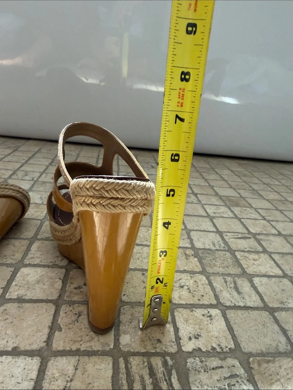 Christian Louboutin Tan Patent Leather Espadrille Wedge Sandals